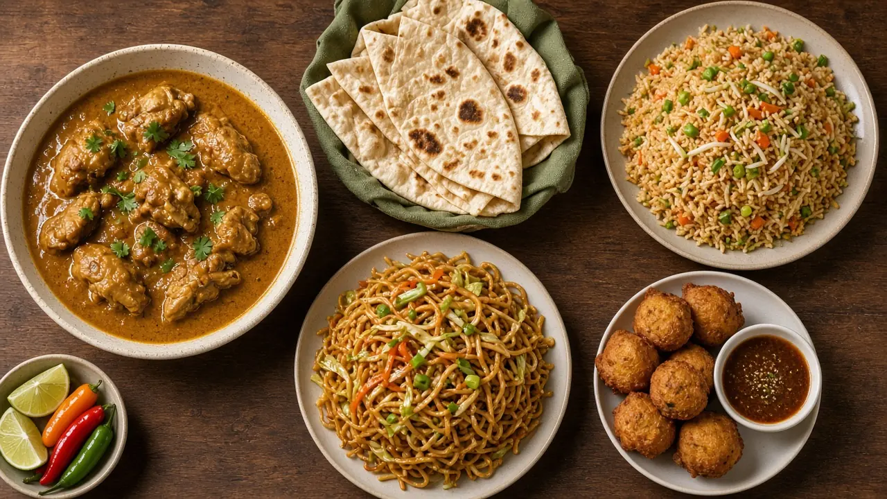Overhead spread of chicken curry, folded roti, fried rice, chow mein and phulourie with tamarind sauce, limes and hot peppers on a wooden table